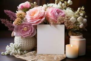 greeting card with candle and flower decoration professional advertising photography AI Generated photo