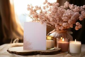 greeting card with candle and flower decoration professional advertising photography AI Generated photo