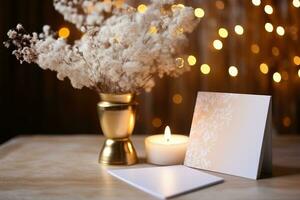 greeting card with candle and flower decoration professional advertising photography AI Generated photo