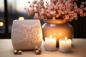 greeting card with candle and flower decoration professional advertising photography AI Generated photo