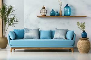 blue sofa and white wall in modern living room professional advertising photography AI Generated photo