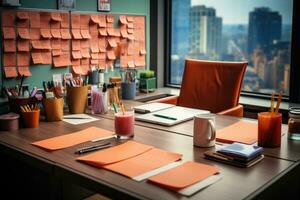 desk with documents and sticky notes and stationary professional advertising photography AI Generated photo