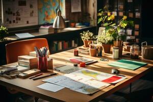 desk with documents and sticky notes and stationary professional advertising photography AI Generated photo