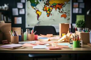 desk with documents and sticky notes and stationary professional advertising photography AI Generated photo