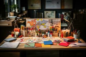 desk with documents and sticky notes and stationary professional advertising photography AI Generated photo