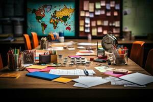 desk with documents and sticky notes and stationary professional advertising photography AI Generated photo