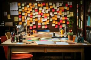 desk with documents and sticky notes and stationary professional advertising photography AI Generated photo