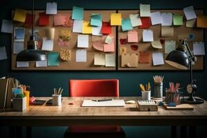 desk with documents and sticky notes and stationary professional advertising photography AI Generated photo
