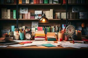 desk with documents and sticky notes and stationary professional advertising photography AI Generated photo