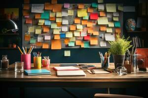 desk with documents and sticky notes and stationary professional advertising photography AI Generated photo