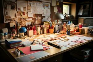 desk with documents and sticky notes and stationary professional advertising photography AI Generated photo