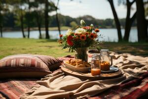 picnic on the park ground with carpet AI Generated photo