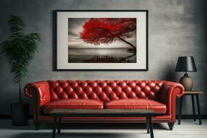 rojo sofá y blanco pared en moderno vivo habitación ai generado foto