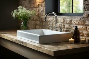 sink with brick accent walls minimalist home decoration AI Generated photo