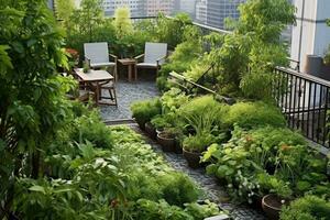 stock photo of rooftop terrace garden design AI Generated