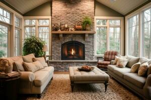 living room luxury painted brick fireplace professional advertising photography AI Generated photo