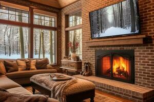 living room luxury painted brick fireplace professional advertising photography AI Generated photo