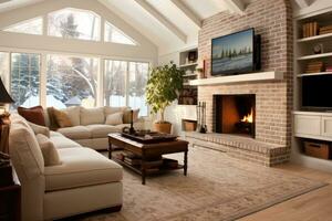 living room minimalist painted brick fireplace professional advertising photography AI Generated photo