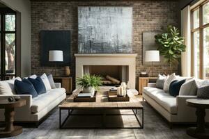 living room modern painted brick fireplace professional advertising photography AI Generated photo