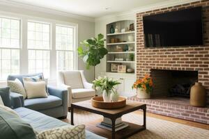 living room modern painted brick fireplace professional advertising photography AI Generated photo