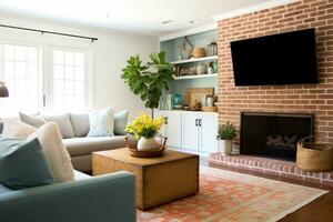 living room modern painted brick fireplace professional advertising photography AI Generated photo