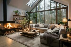 modern fireplace house in scandinavian style professional advertising photography AI Generated photo