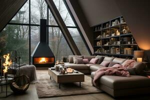 modern fireplace house in scandinavian style professional advertising photography AI Generated photo