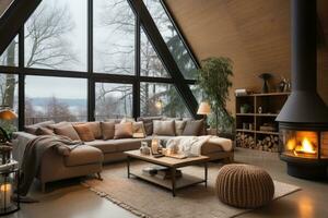 modern fireplace house in scandinavian style professional advertising photography AI Generated photo