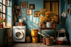 corner of the house where the dirty laundry is located professional advertising photography AI Generated photo