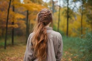 mujer trenza peinado Mira desde espalda profesional publicidad fotografía ai generado foto