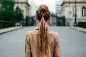 mujer trenza peinado Mira desde espalda profesional publicidad fotografía ai generado foto