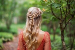 mujer trenza peinado Mira desde espalda profesional publicidad fotografía ai generado foto