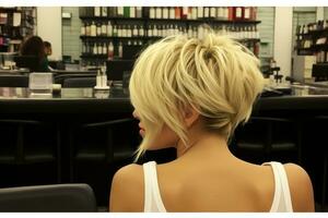 women short blonde hairstyle look from back professional advertising photography AI Generated photo