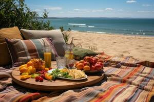 picnic on the carpet beach view professional advertising photography AI Generated photo