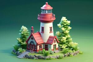 tiny cute isometric red white lighthouse soft smooth lighting AI Generated photo