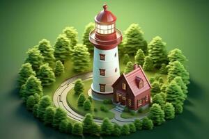 tiny cute isometric red white lighthouse soft smooth lighting AI Generated photo