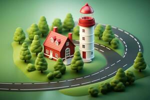 tiny cute isometric red white lighthouse soft smooth lighting AI Generated photo