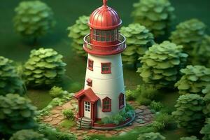 tiny cute isometric red white lighthouse soft smooth lighting AI Generated photo