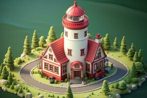 tiny cute isometric red white lighthouse soft smooth lighting AI Generated photo