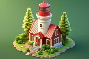 tiny cute isometric red white lighthouse soft smooth lighting AI Generated photo
