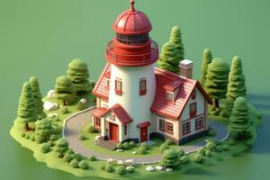 tiny cute isometric red white lighthouse soft smooth lighting AI Generated photo