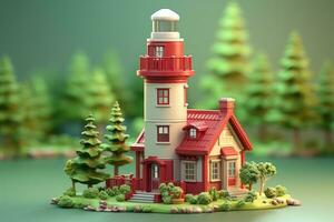 tiny cute isometric red white lighthouse soft smooth lighting AI Generated photo