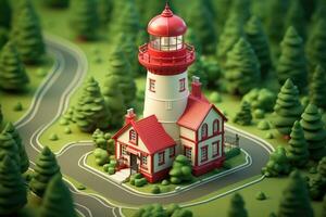 tiny cute isometric red white lighthouse soft smooth lighting AI Generated photo