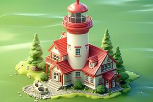 tiny cute isometric red white lighthouse soft smooth lighting AI Generated photo