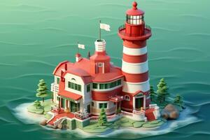 tiny cute isometric red white lighthouse soft smooth lighting AI Generated photo