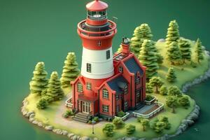 tiny cute isometric red white lighthouse soft smooth lighting AI Generated photo