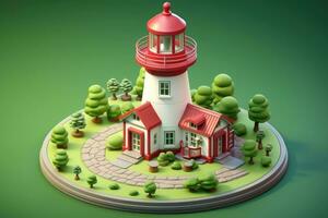 tiny cute isometric red white lighthouse soft smooth lighting AI Generated photo