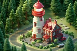 tiny cute isometric red white lighthouse soft smooth lighting AI Generated photo