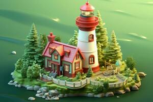 tiny cute isometric red white lighthouse soft smooth lighting AI Generated photo