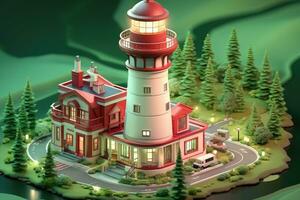 tiny cute isometric red white lighthouse soft smooth lighting AI Generated photo